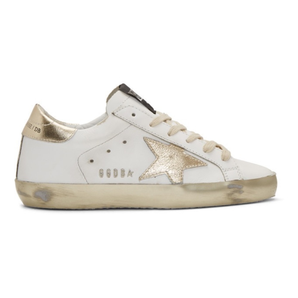 Women’s Super-Star sneakers with gold sparkle foxing and metal stud lettering